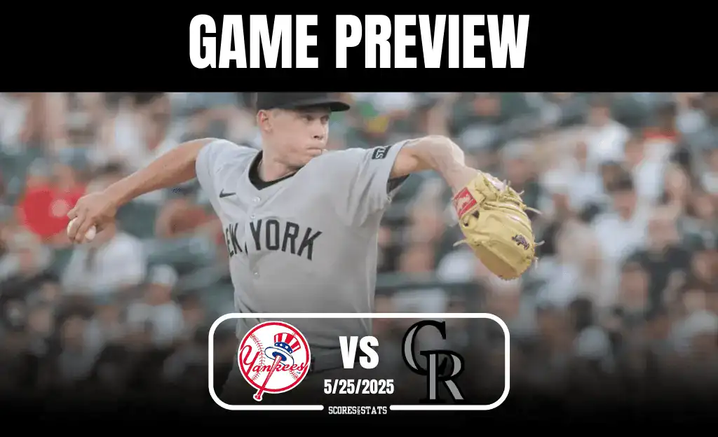4 A pitcher in a gray New York Yankees uniform throws a pitch during a game, with a crowd watching in the background. Game preview banner displayed.