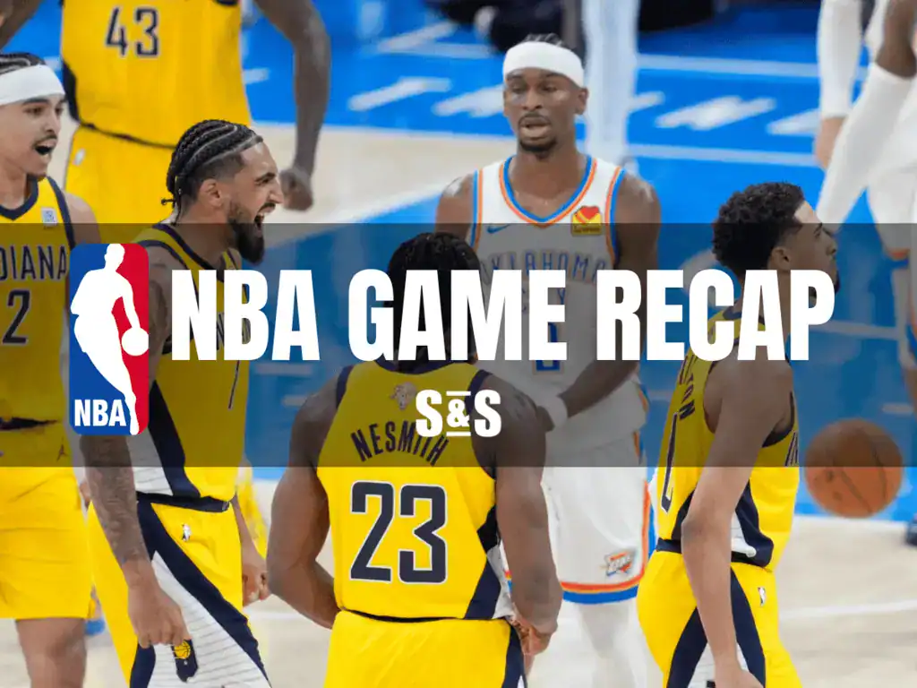 NBA game recap featuring players in yellow jerseys from the Indiana team on the court against opponents in blue jerseys.
