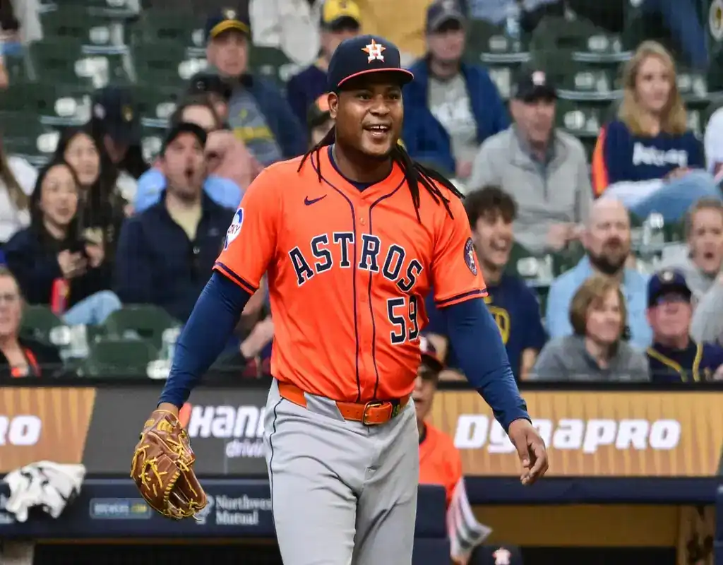 9 Houston Astros pitcher smiles walking off the mound during May 13, 2025 MLB matchup vs Kansas City Royals