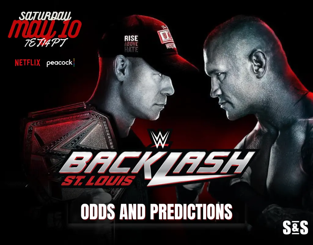 WWE Backlash in St. Louis featuring two wrestlers facing off, with event date, streaming platforms, and the text “Odds and Predictions.