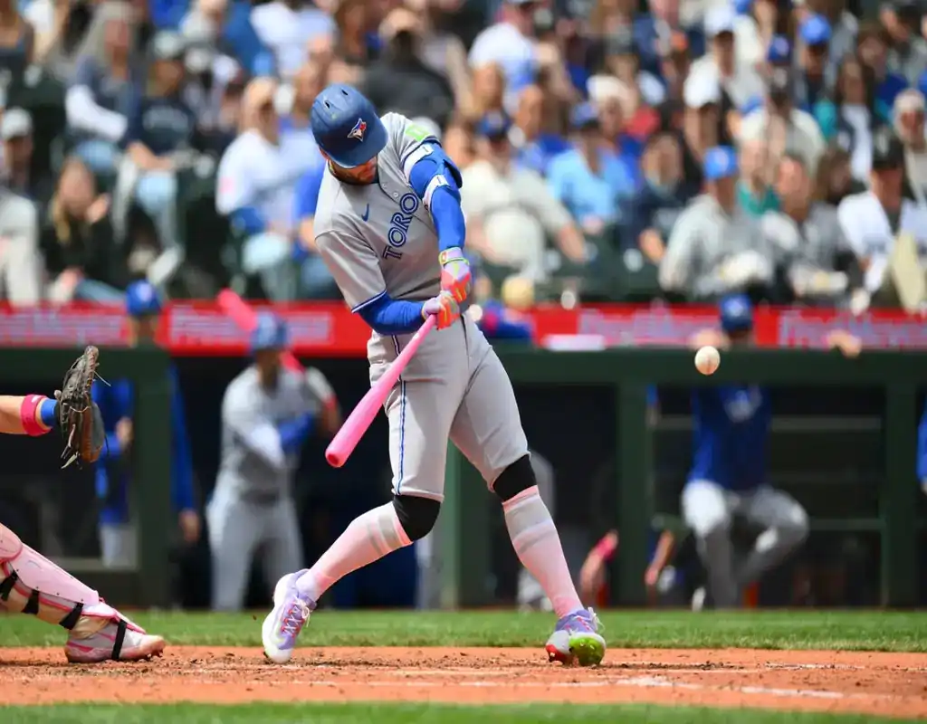 Toronto Blue Jays batter makes contact during May 13, 2025 MLB game vs Tampa Bay Rays