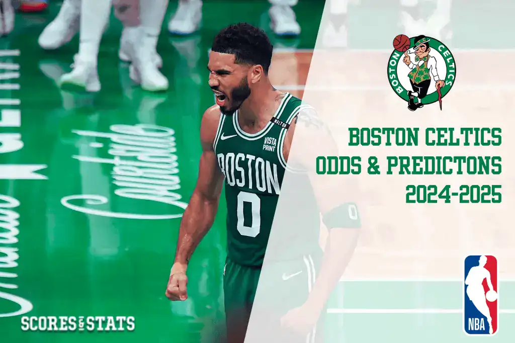A Boston Celtics player in a green jersey celebrates on the court, alongside promotional text for season odds and predictions.
