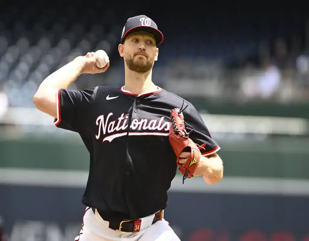 6 Washington Nationals pitcher winds up during May 13, 2025 MLB matchup vs Atlanta Braves
