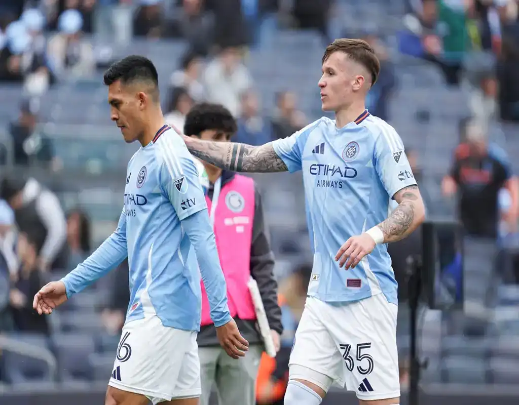New York City FC players react during May 14, 2025 MLS match against DC United