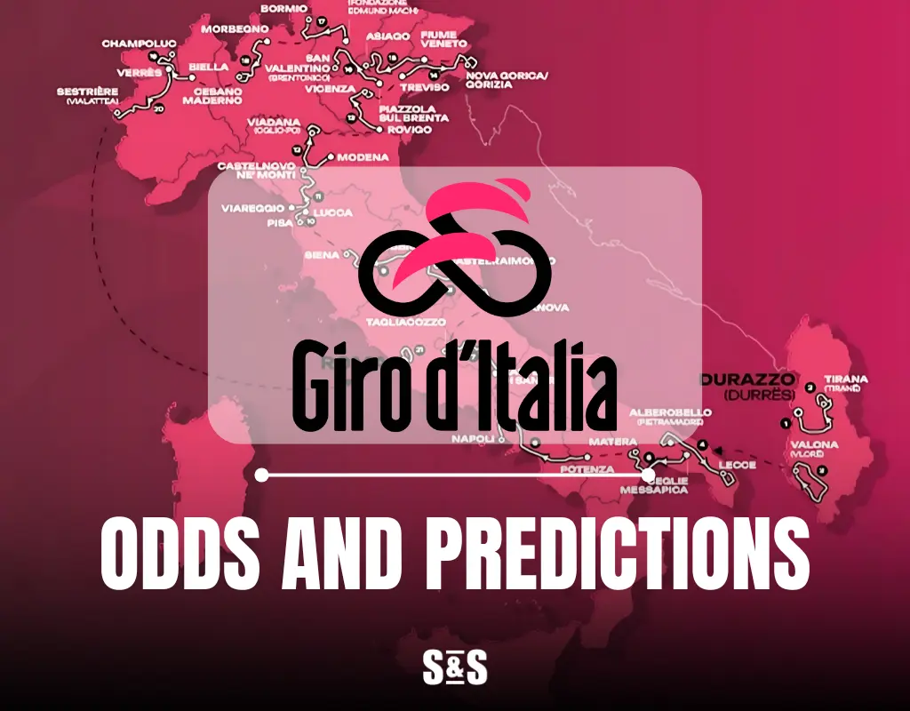Giro d’Italia odds and predictions graphic with race route map in the background.