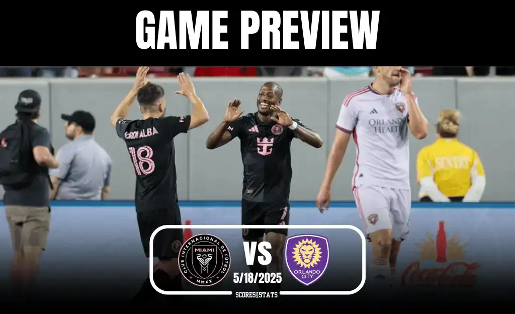 Two soccer players engage in a match, with a scoreboard displaying "GAME PREVIEW" for Miami vs. Orlando City on May 18, 2025.