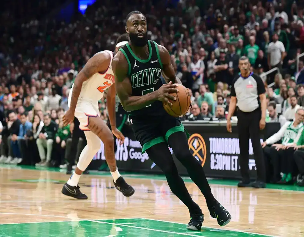 Boston Celtics guard drives to the basket against New York Knicks on May 16, 2025