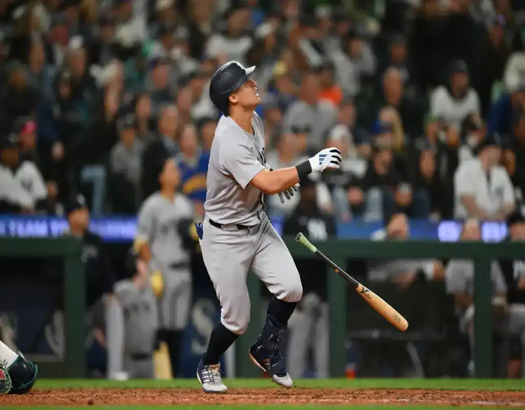 5 New York Yankees batter watches ball after contact during May 13, 2025 MLB game vs Seattle Mariners