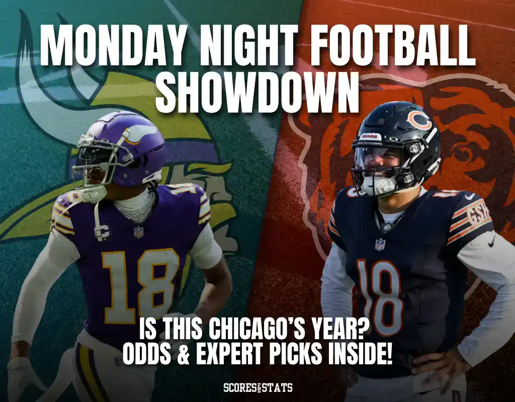 Vikings vs Bears Monday Night Football graphic with odds and expert picks.