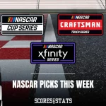 Logos for NASCAR Cup, Xfinity, and Craftsman Truck Series above the text “NASCAR Picks This Week” on a racetrack background