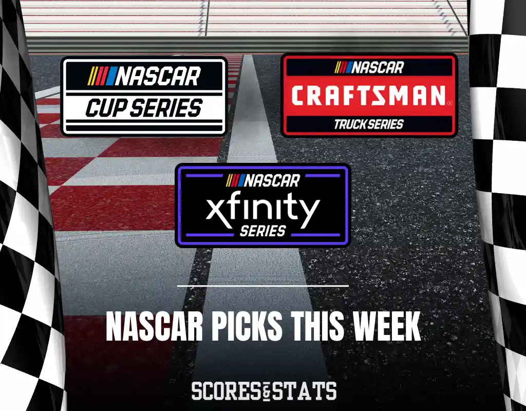 Logos for NASCAR Cup, Xfinity, and Craftsman Truck Series above the text “NASCAR Picks This Week” on a racetrack background