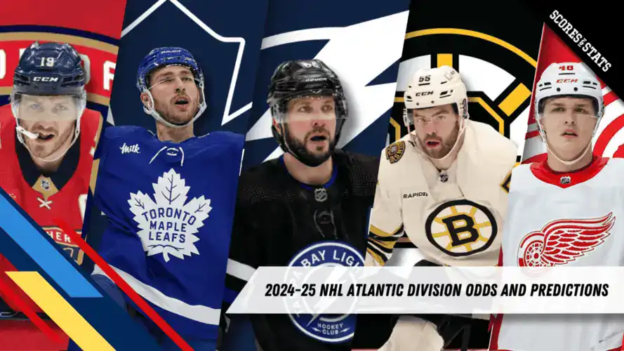 Jugadores de los equipos de la División Atlántica de la NHL — Panthers, Maple Leafs, Lightning, Bruins y Red Wings — en una imagen promocional para la temporada 2024-25 con previa y pronósticos.