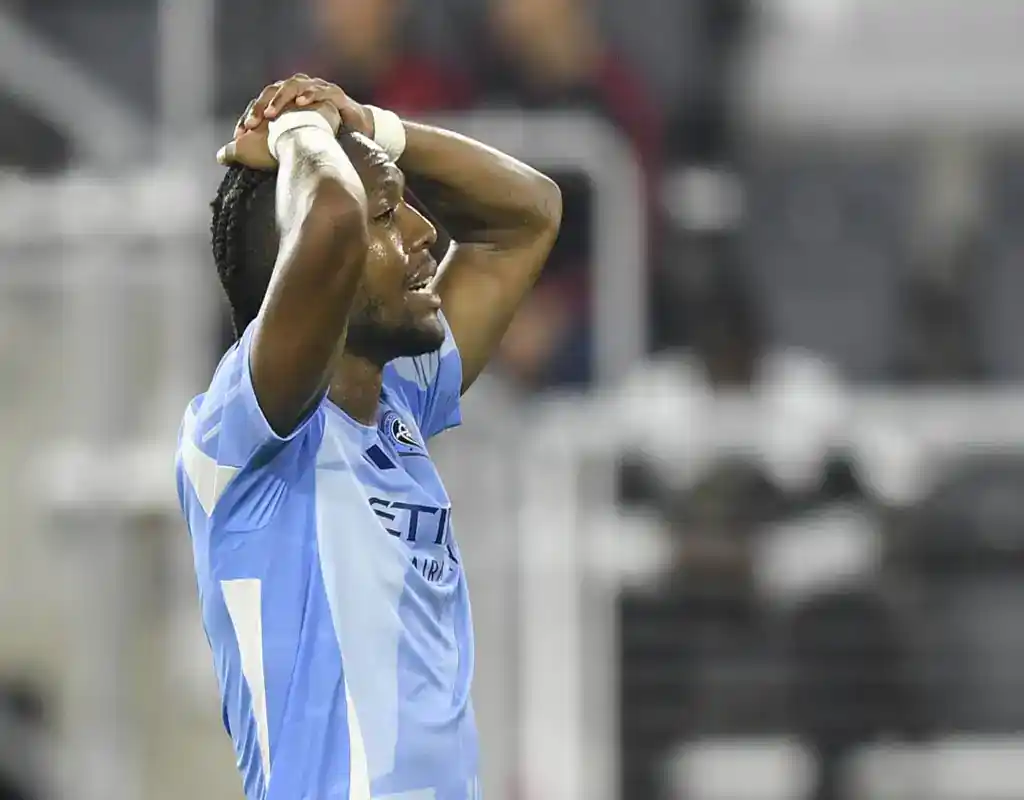 New York City FC player reacts emotionally during match against New York Red Bulls on May 17, 2025