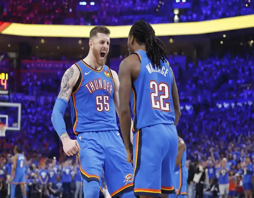 Oklahoma City Thunder players celebrate during the game against Minnesota Timberwolves on May 20, 2025