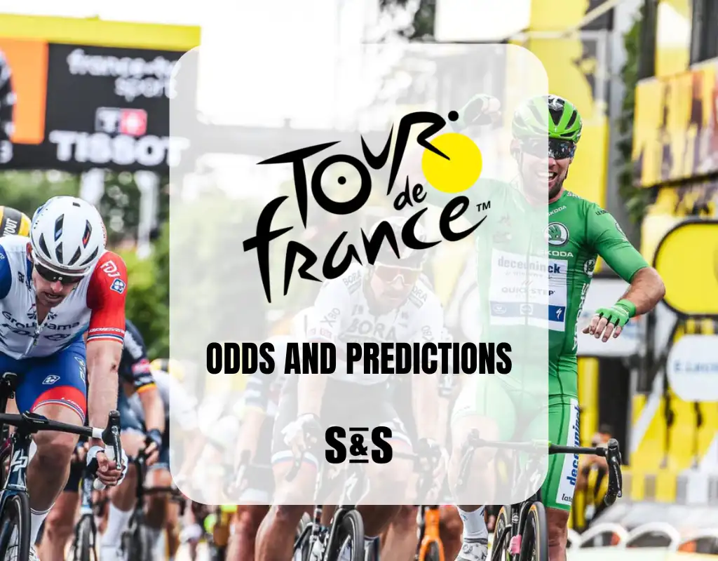 Cyclists race toward the finish line in the Tour de France, with a graphic overlay reading Odds and Predictions.
