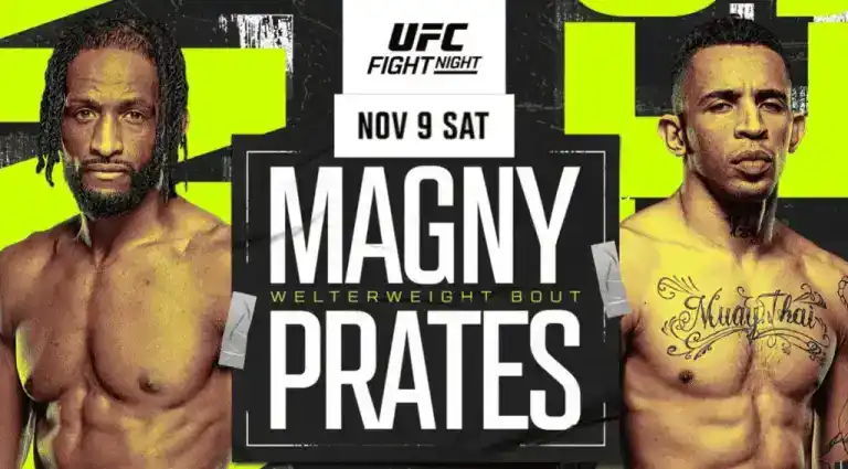 Cartel promocional de UFC Fight Night 247 destacando la pelea entre Neil Magny y Carlos Prates programada para el sábado 9 de noviembre.
