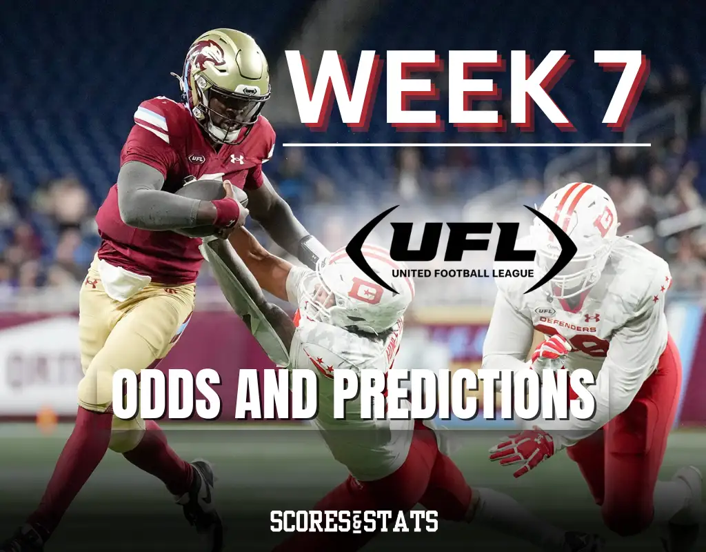 UFL Week 7 graphic with player stiff-arming defender and odds and predictions text