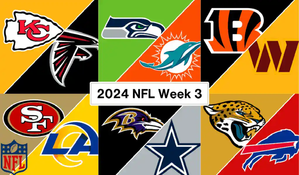 Logos de los equipos destacados en la Semana 3 de la NFL 2024, incluyendo Chiefs, Falcons, Seahawks, Dolphins, Bengals, Washington, 49ers, Rams, Ravens, Cowboys, Jaguars y Bills.