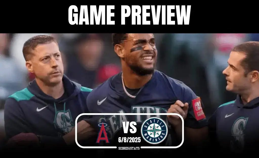 A preview graphic for a game between the Angels and Mariners on June 8, 2025, featuring team logos and players in Mariners attire.