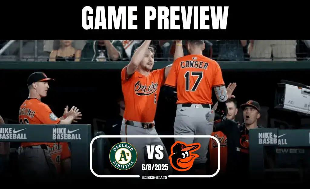 10 Two Baltimore Orioles players celebrate in the dugout, wearing bright orange jerseys, with a graphic overlay for the game preview.