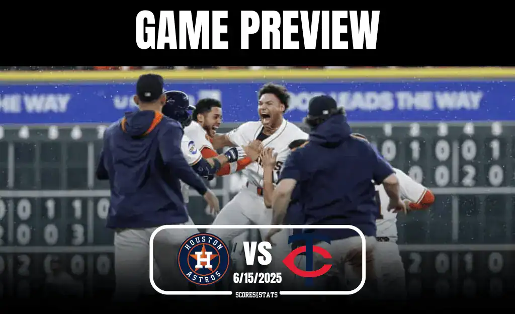 A group of Houston Astros players celebrate on the field, with a scoreboard in the background indicating excitement for the game preview.