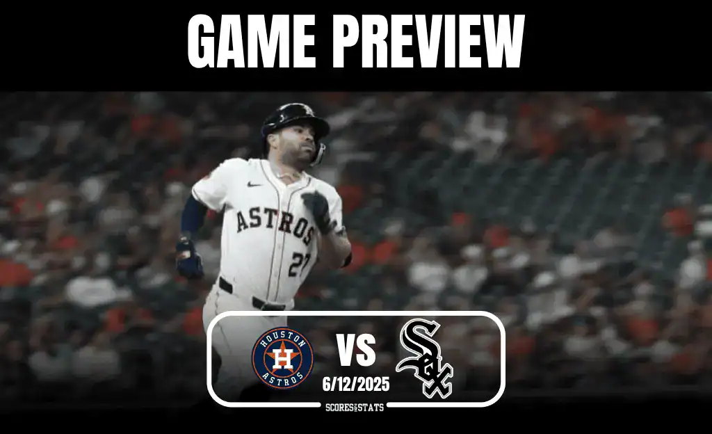 A baseball player in an Astros uniform runs on the field as "Game Preview" highlights the matchup against the White Sox on June 12, 2025.