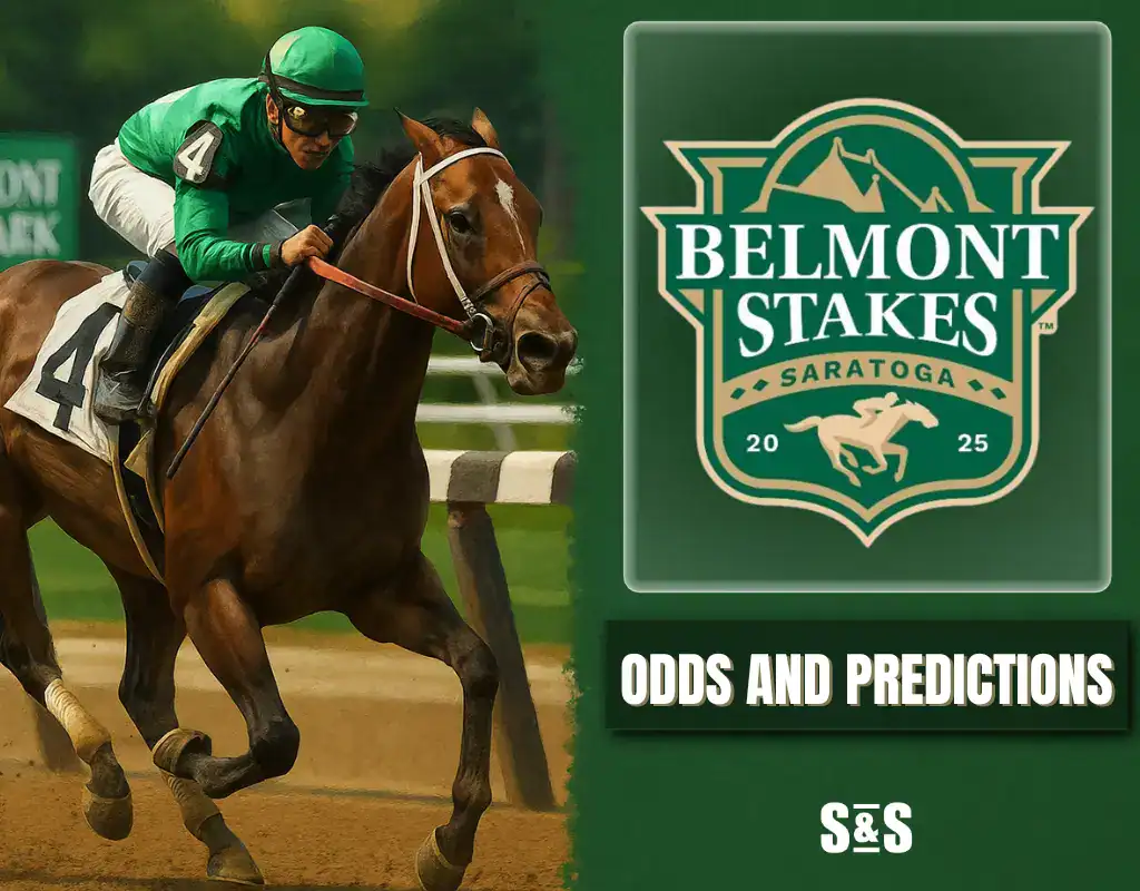 Jockey riding a racehorse wearing number 4 during the Belmont Stakes at Saratoga