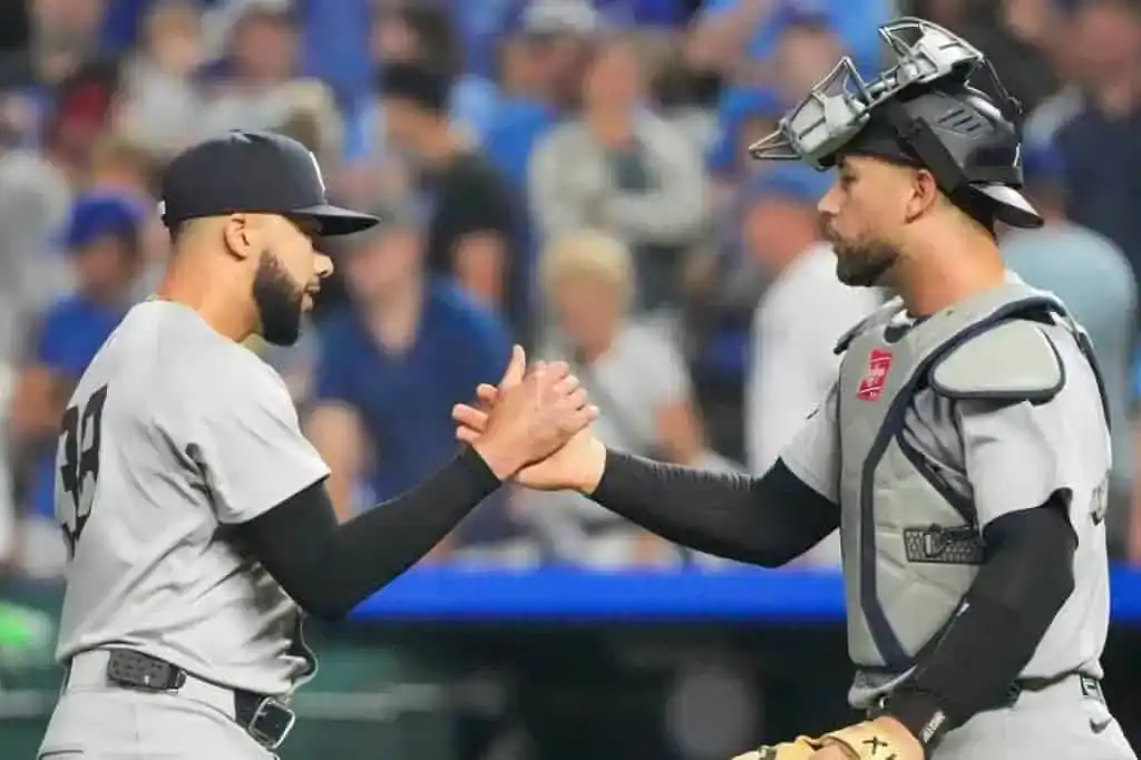 8 Two baseball players in gray uniforms share a handshake during a game, with a crowd of fans visible in the background.