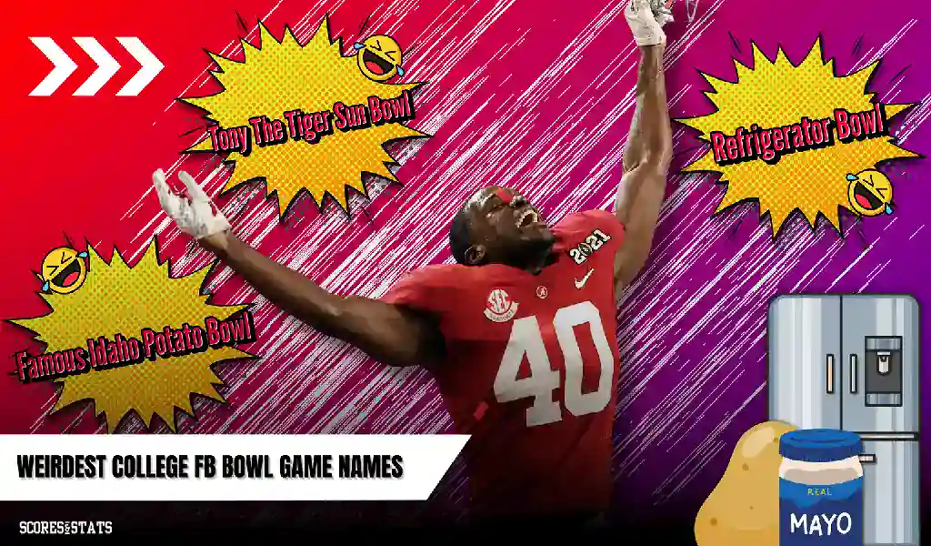 Imagen divertida destacando los nombres más extraños de bowls del fútbol americano universitario como el Tony the Tiger Sun Bowl y el Famous Idaho Potato Bowl.