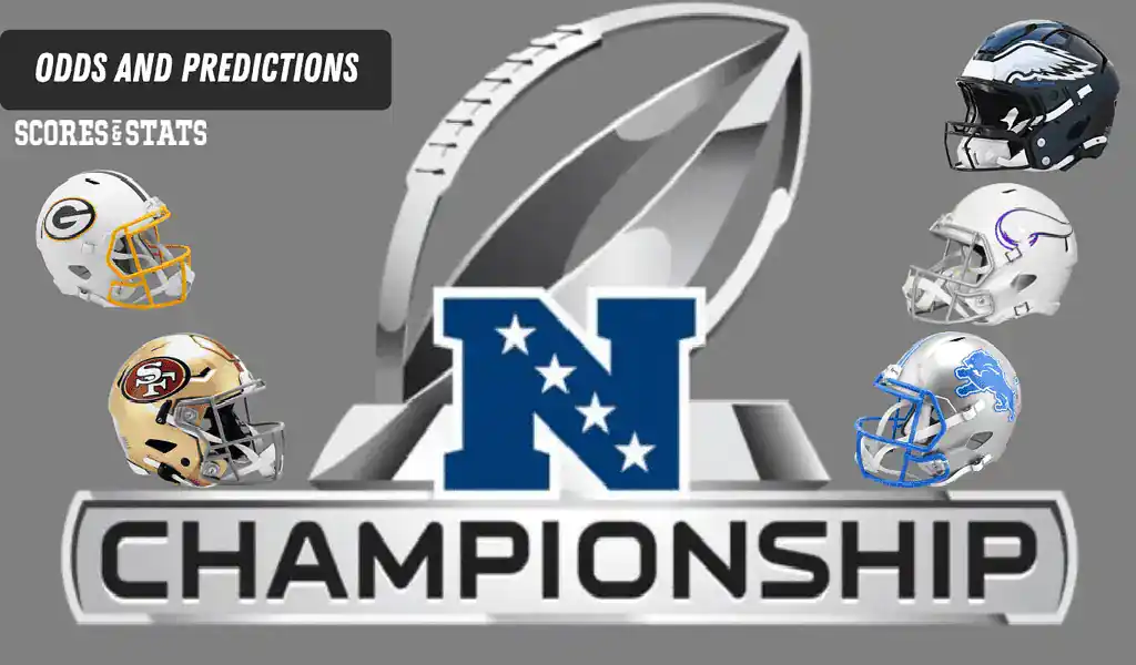 Imagen con cascos de equipos NFL como Packers, 49ers y Eagles para el Campeonato NFC de la temporada 2025-26.