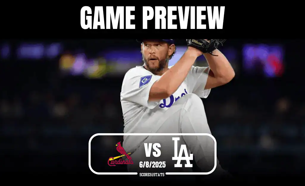 5 A pitcher prepares to throw on the mound, with game preview details for the Cardinals vs. Dodgers matchup on June 8, 2025.