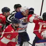 Florida Panthers and Edmonton Oilers players scuffle during game, June 12th 2025