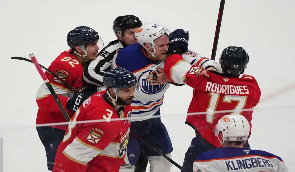 Florida Panthers and Edmonton Oilers players scuffle during game, June 12th 2025