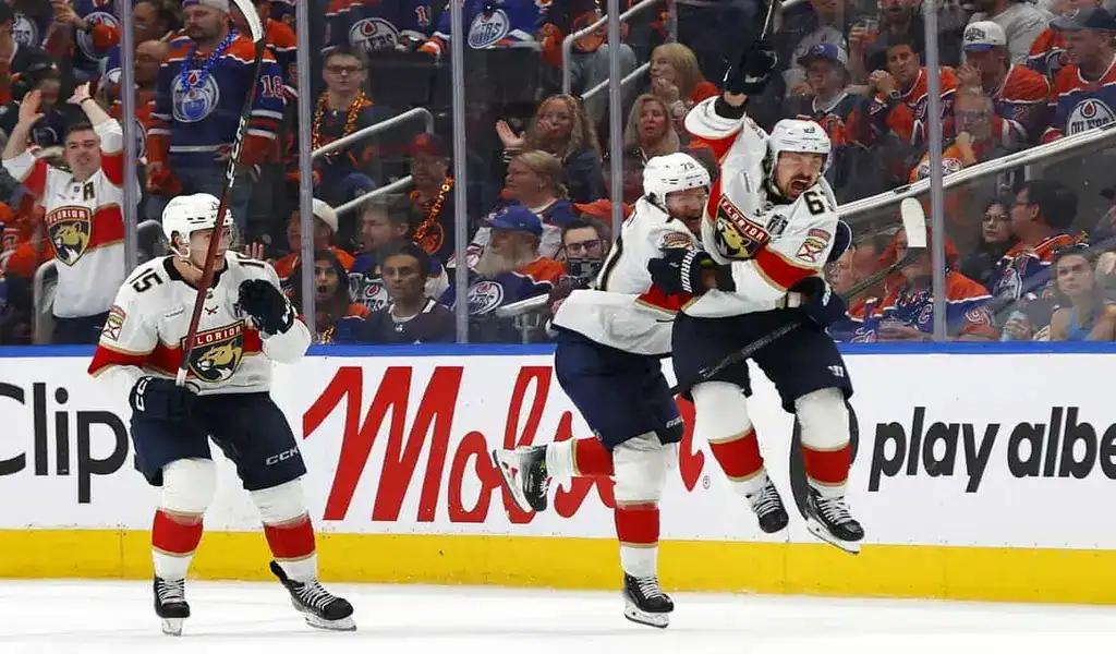 Florida Panthers players celebrate during game against the Edmonton Oilers, June 9th 2025