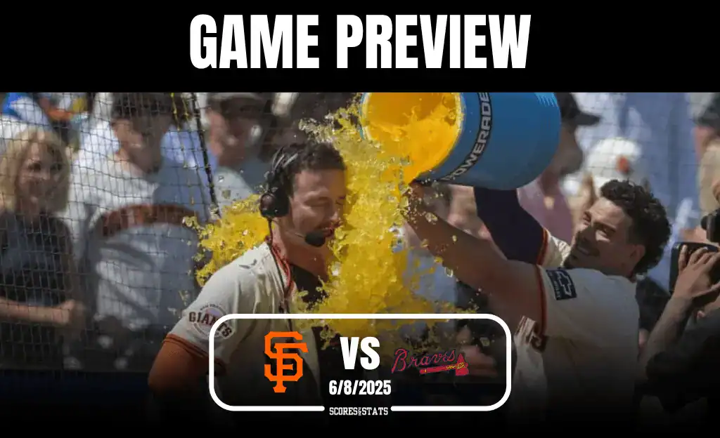 The image features a player celebrating with a Gatorade shower, surrounded by cheering fans, during a game preview between the Giants and Braves.
