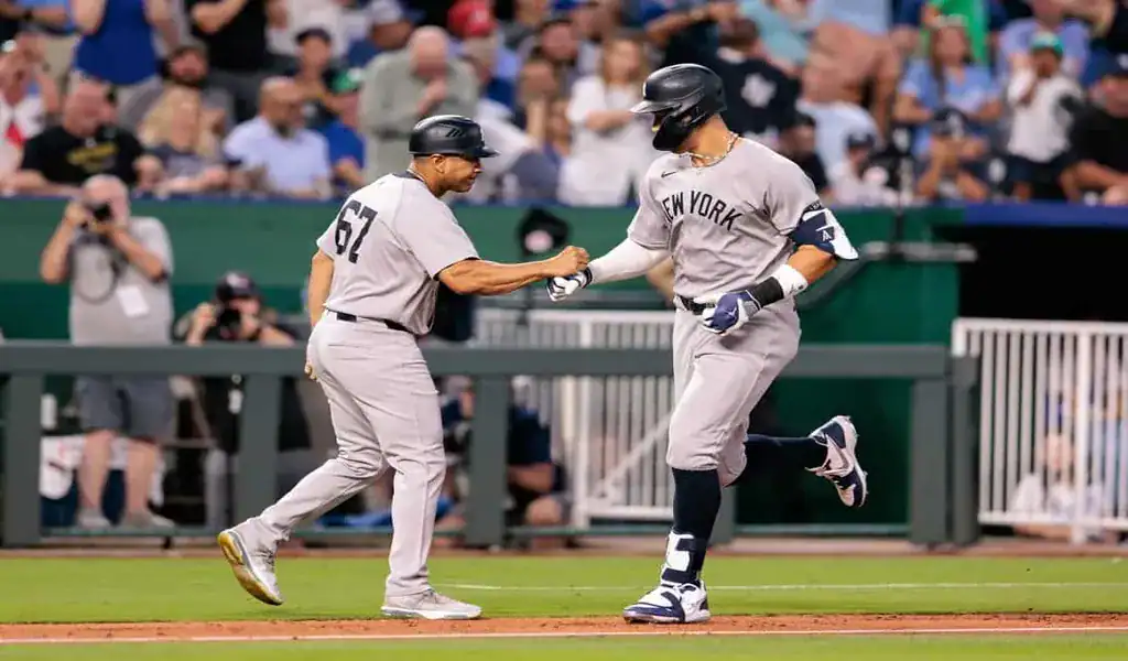 New York Yankees players celebrate during game against the Kansas City Royals, June 12th 2025