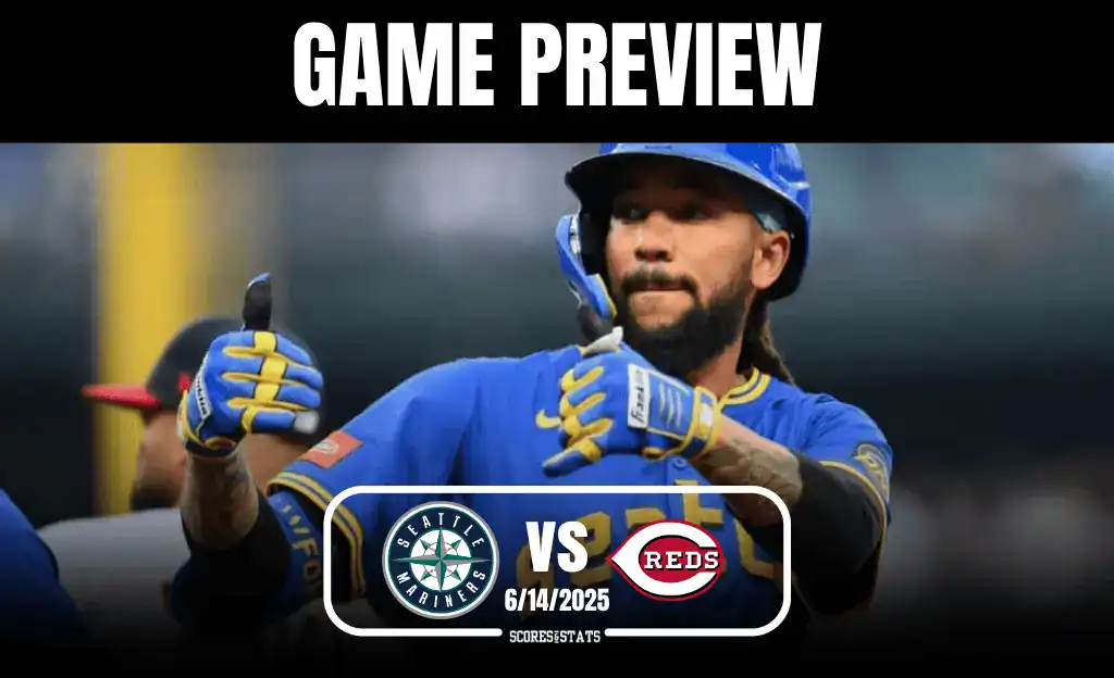A Seattle Mariners player gives a thumbs up, showcasing their blue and yellow uniform, with game preview text above.
