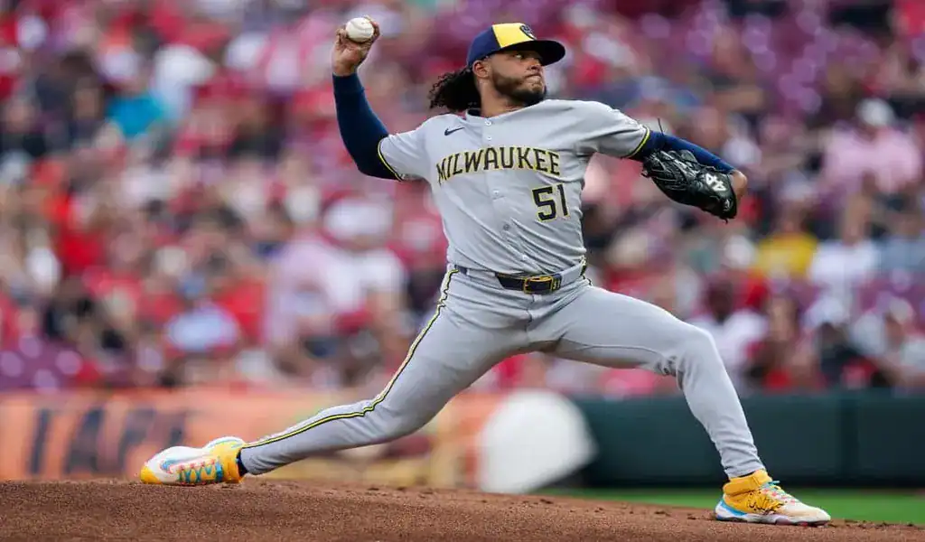 Milwaukee Brewers pitcher in action against the San Diego Padres, June 8th 2025