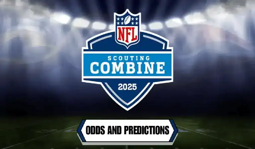 Logotipo oficial del NFL Scouting Combine 2025 en un estadio iluminado, destacando probabilidades y predicciones para el evento.