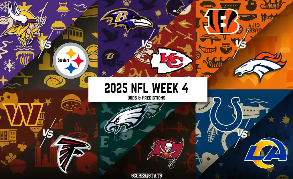 2025 NFL Week 4 matchups graphic with team logos and themed backgrounds.