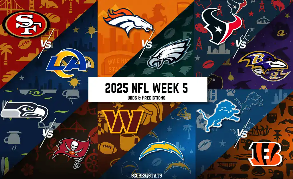 Graphic showcasing matchups for NFL Week 5 in 2025, featuring team logos and the title "Odds & Predictions."