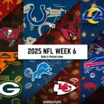 Graphic showcasing NFL Week 6 matchups for 2025, featuring team logos and odds for games including 49ers vs. Buccaneers and Ravens vs. Cardinals.