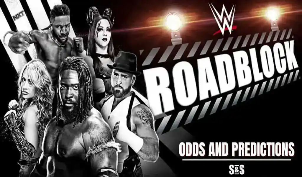 Imagen promocional del evento WWE NXT Roadblock 2025, con luchadores destacados y el logotipo del evento sobre un fondo en blanco y negro.