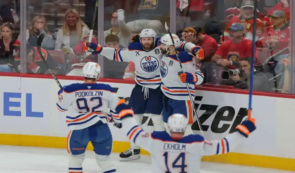 Edmonton Oilers players celebrate a goal against the Florida Panthers on June 14, 2025.