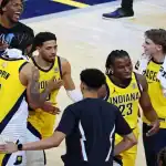 Indiana Pacers players huddle during game against Oklahoma City Thunder, June 13th 2025