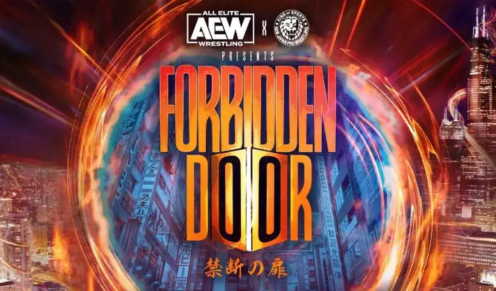 Imagen promocional del evento AEW Forbidden Door 2024, destacando las probabilidades y predicciones para el evento de lucha libre entre AEW y NJPW.