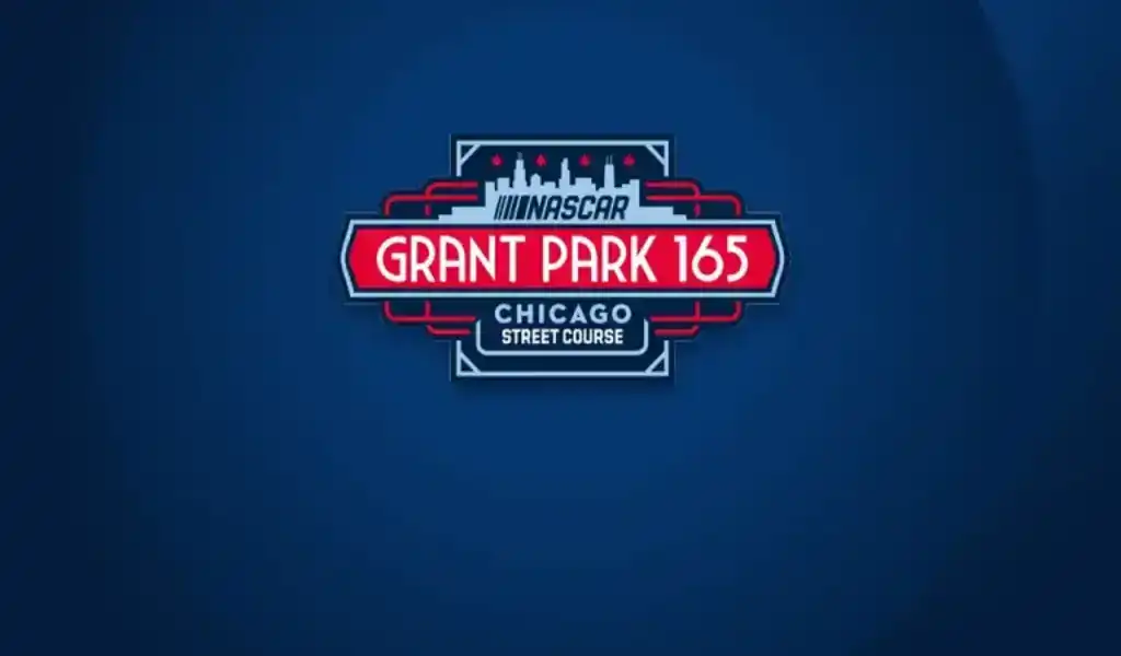 Logo oficial del NASCAR Grant Park 165 de 2024 en el circuito callejero de Chicago, con fondo azul y detalles en rojo.
