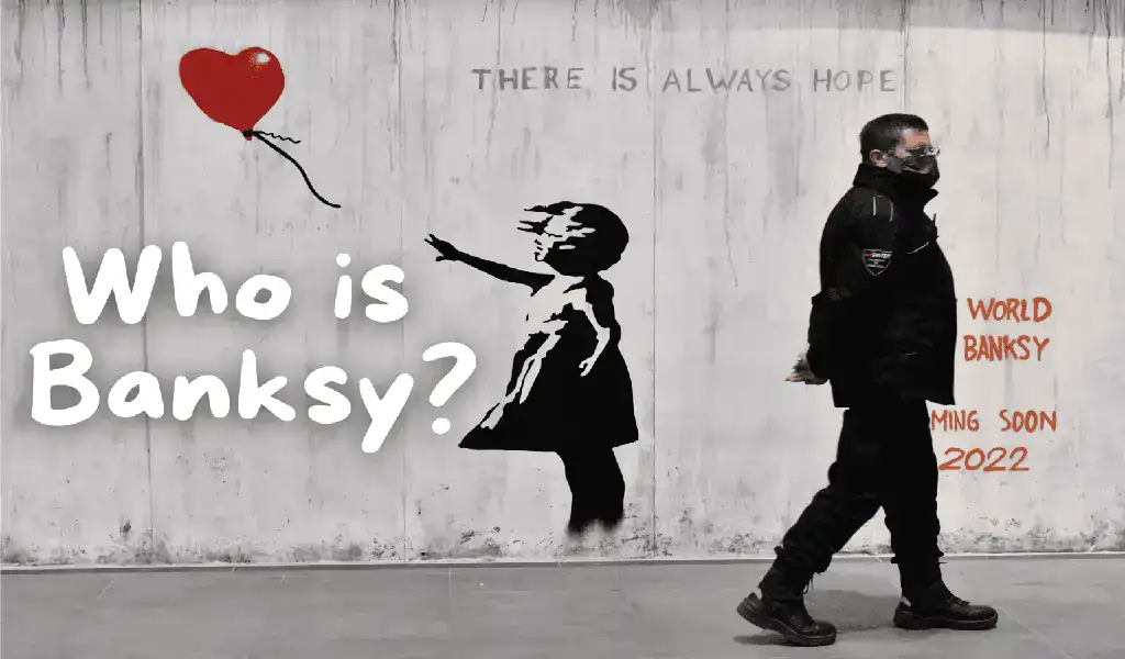 Mural de Banksy con la icónica niña del globo rojo y la frase "There is always hope", junto a un guardia caminando frente a la obra.