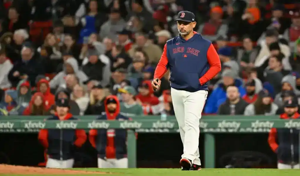 9 Boston Red Sox manager walks on field during game against Los Angeles Angels on June 2, 2025