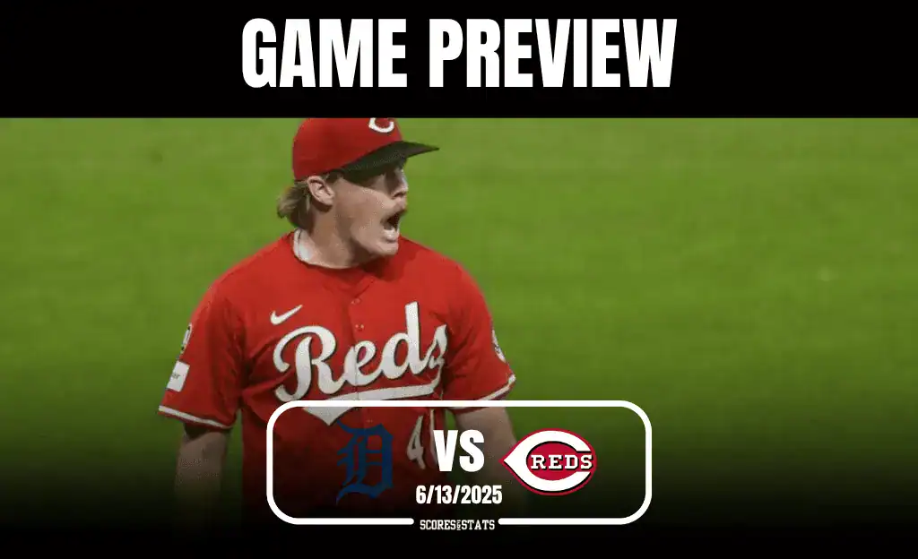 A player in a red Cincinnati Reds uniform stands on the field, showcasing team spirit during a game preview against the Detroit Tigers.